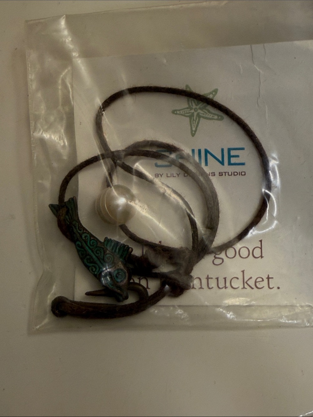 Fish Pendant Necklace in Teal and Brown with Pearl Accent